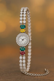 Elegant Dual-Strand Crystal Bracelet Watch with Multicolor Stones for Women